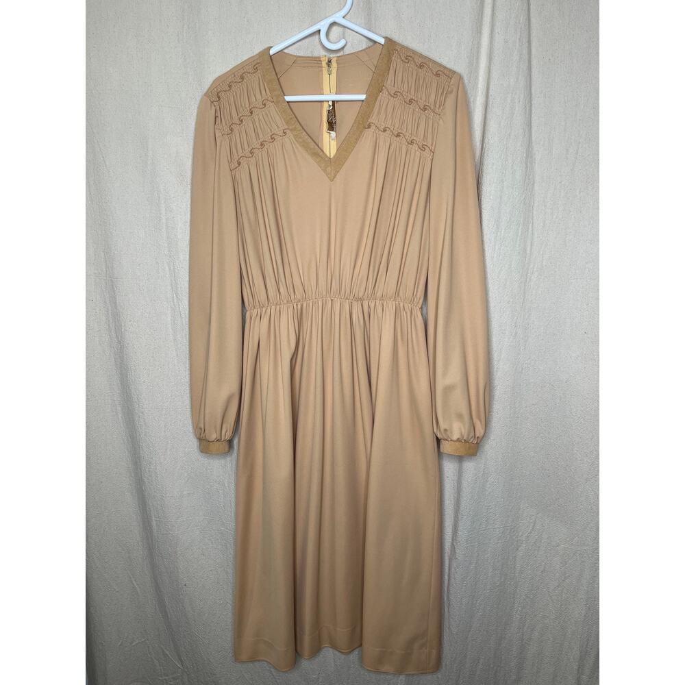 1970s Adolph Schuman Lilli Ann Suede Trim Tan Bohemian Boho Gypsy Disco Dress M